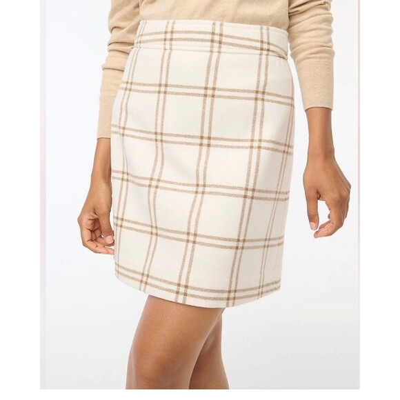 J.Crew Plaid Wool Blend A Line Mini Skirt Ivory Camel Tan Sz 14 Back Zip Lined - Picture 1 of 9